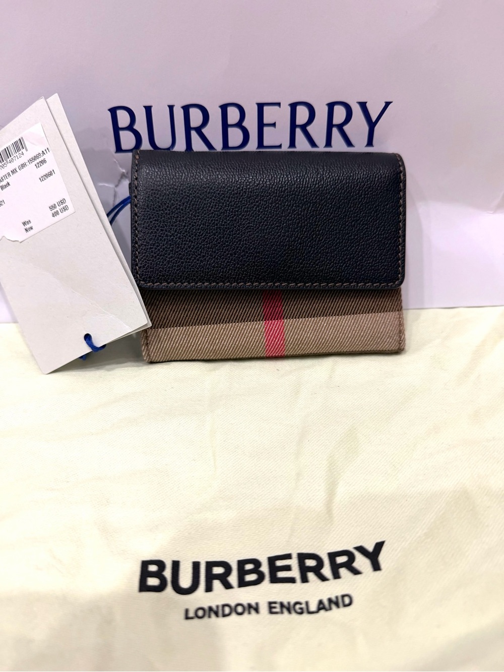 NWT Burberry Black Leather & Beige Canvas Wallet with Red Accent